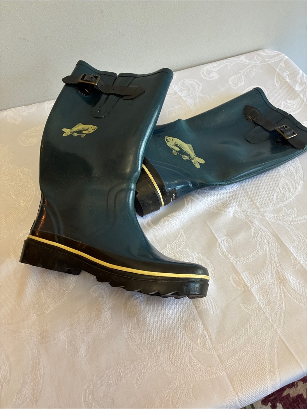 Kate Spade Dark Teal Fish Embossed Women's Rain Boots